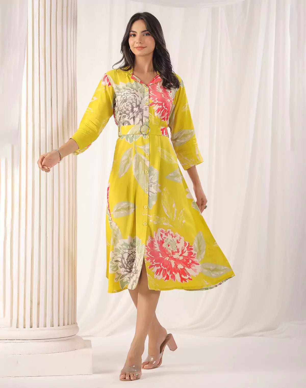 Image of Yellow Floral Bunches Soft Silk Kurti With Belt - South India Shopping Mall