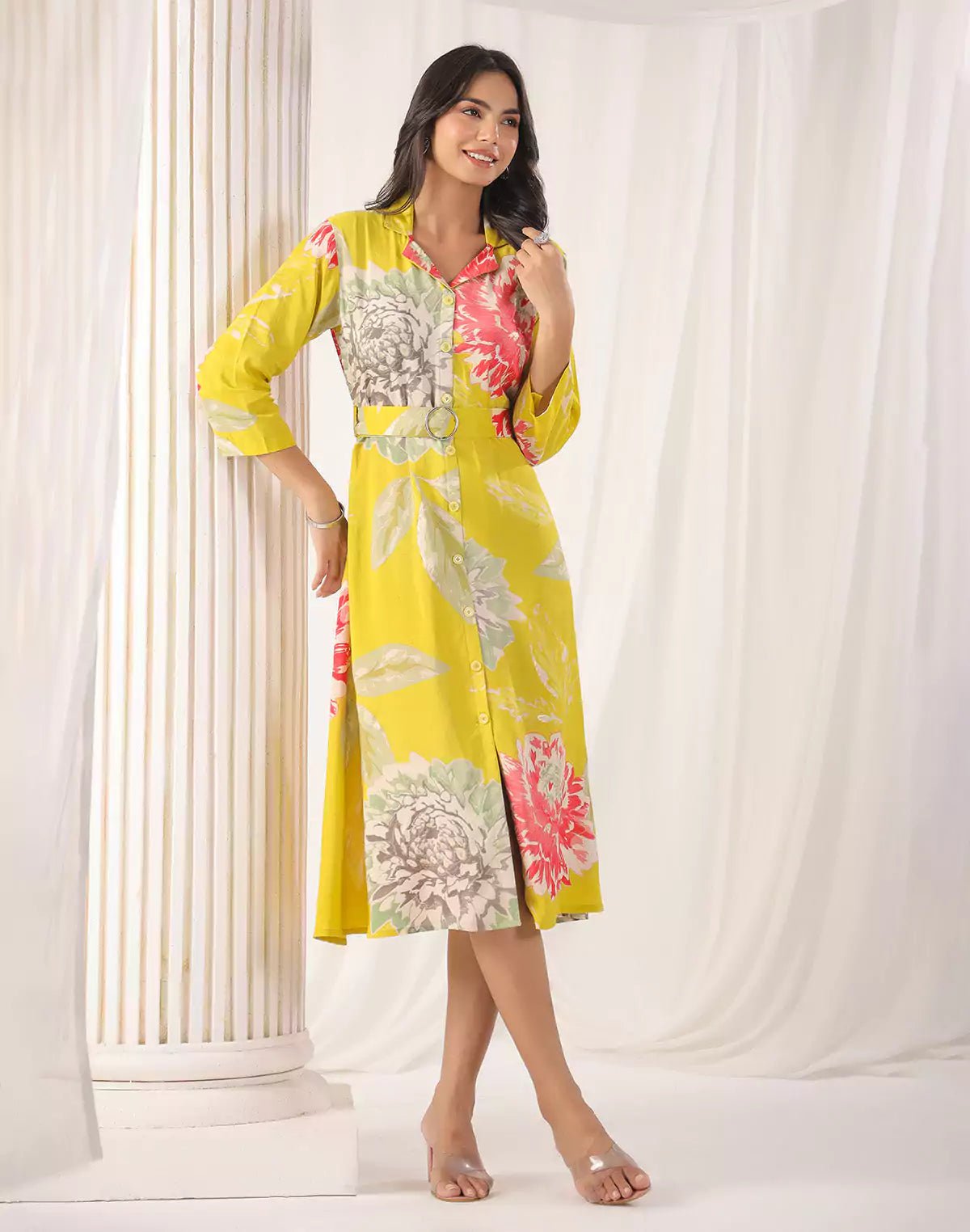 Image of Yellow Floral Bunches Soft Silk Kurti With Belt - South India Shopping Mall