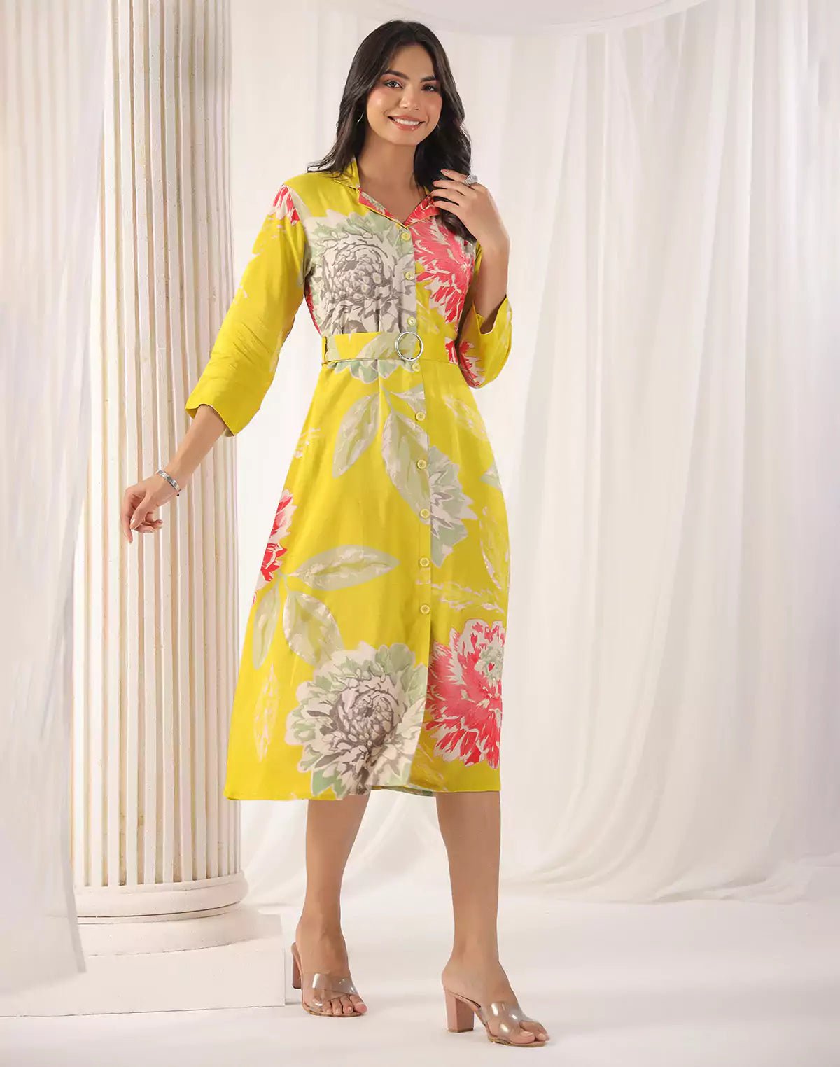 Image of Yellow Floral Bunches Soft Silk Kurti With Belt - South India Shopping Mall