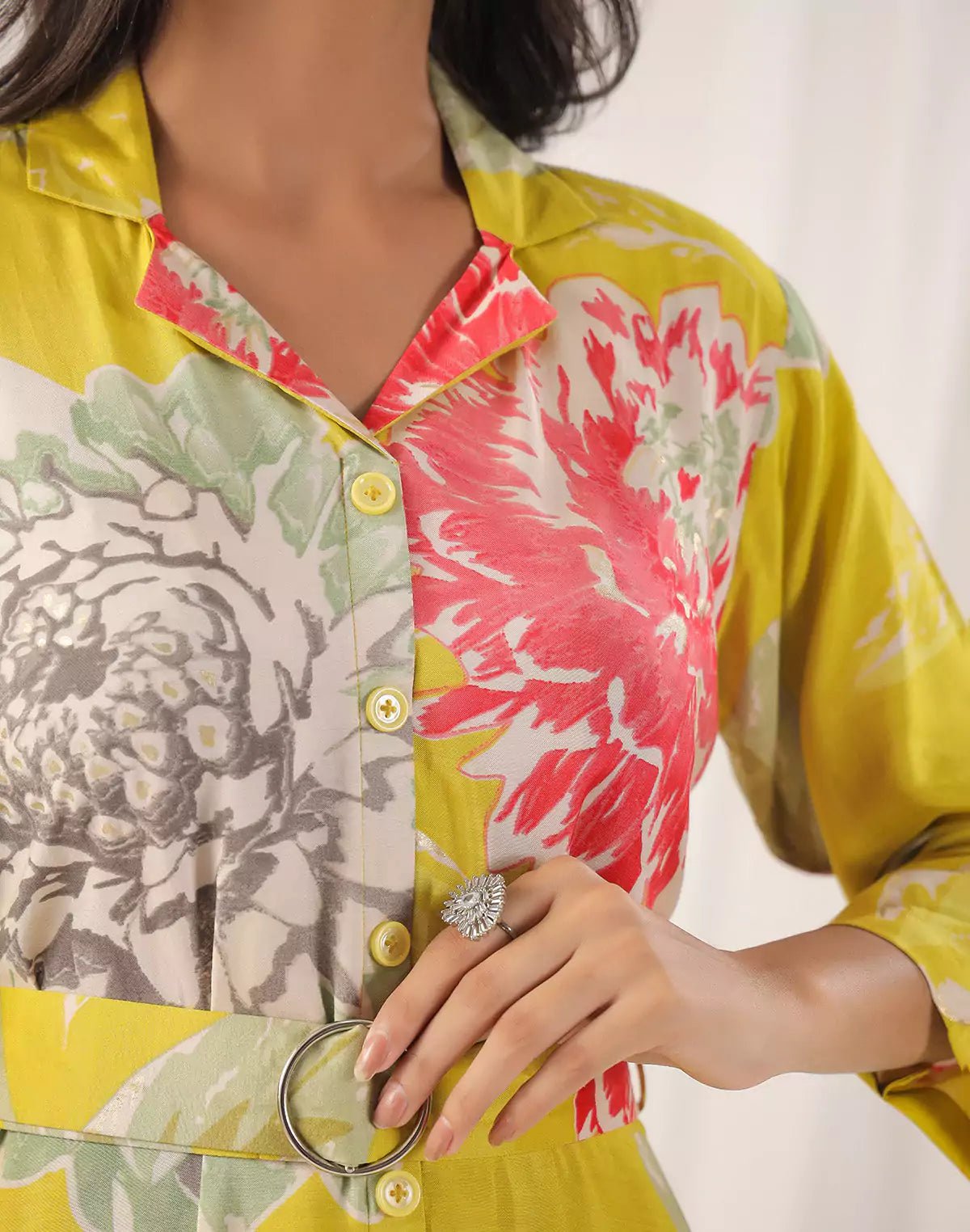 Image of Yellow Floral Bunches Soft Silk Kurti With Belt - South India Shopping Mall
