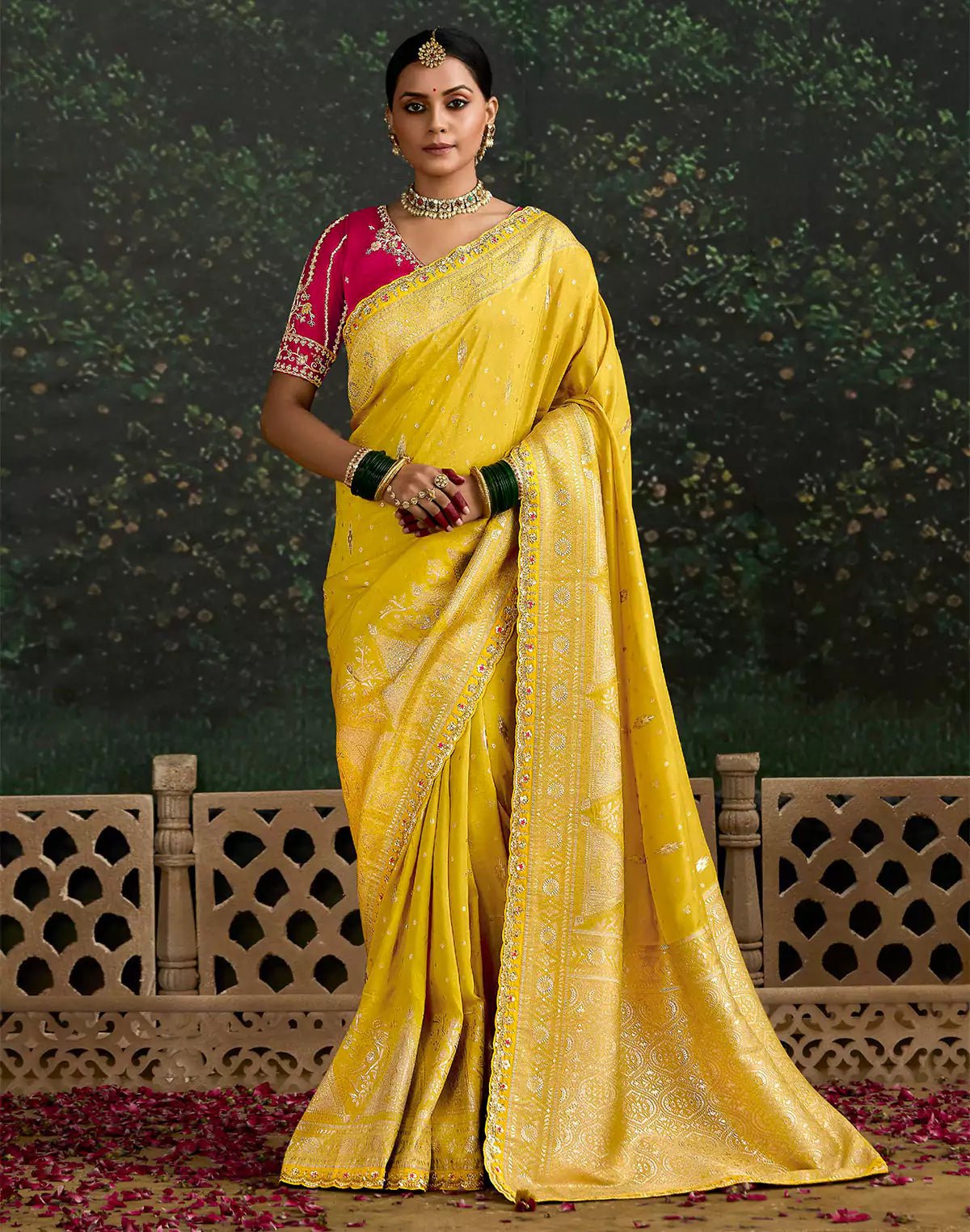 Image of Yellow Floral Design Pure Dola Silk Saree and Contrast Embroidery Work Blouse - South India Shopping Mall