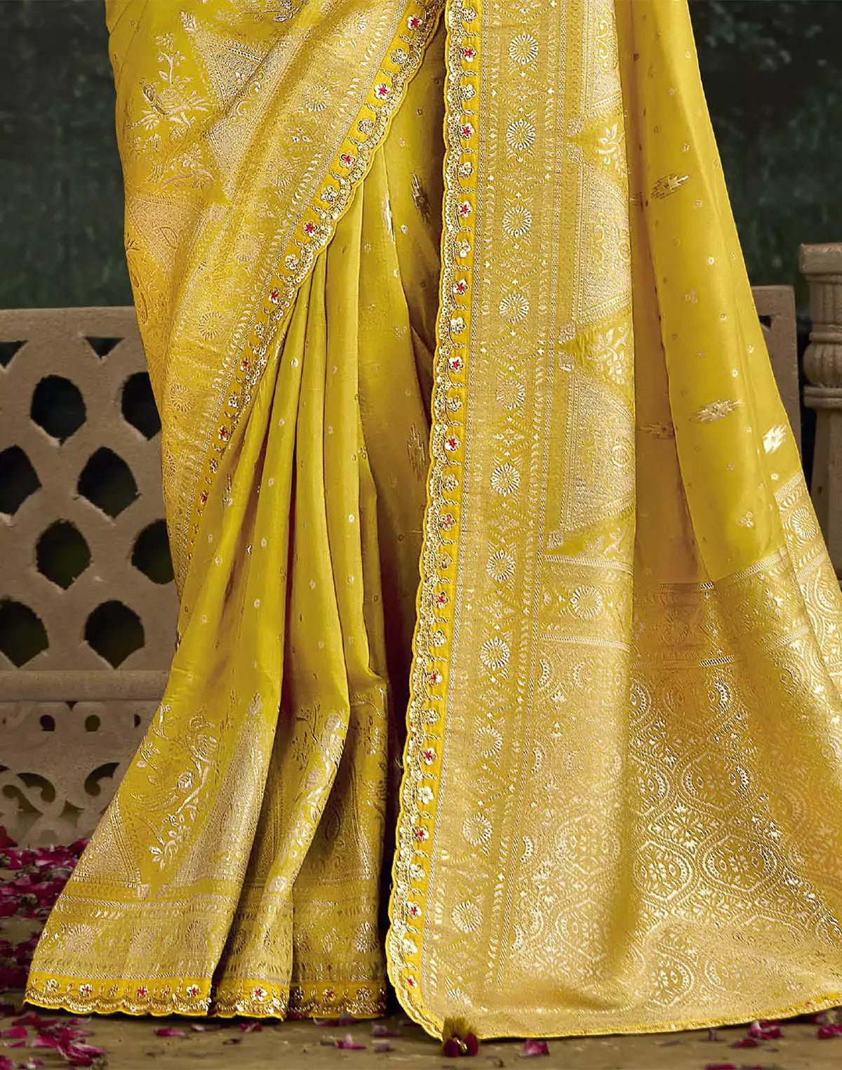 Yellow Floral Design Pure Dola Silk Saree and Contrast Embroidery Work Blouse - South India Shopping Mall