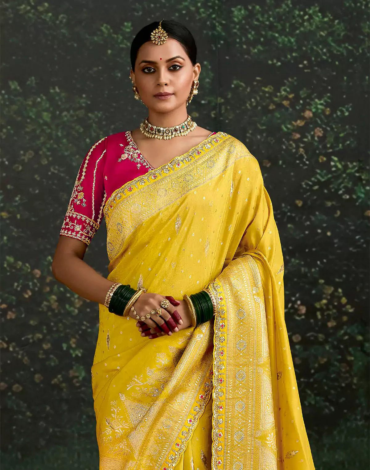 Image of Yellow Floral Design Pure Dola Silk Saree and Contrast Embroidery Work Blouse - South India Shopping Mall