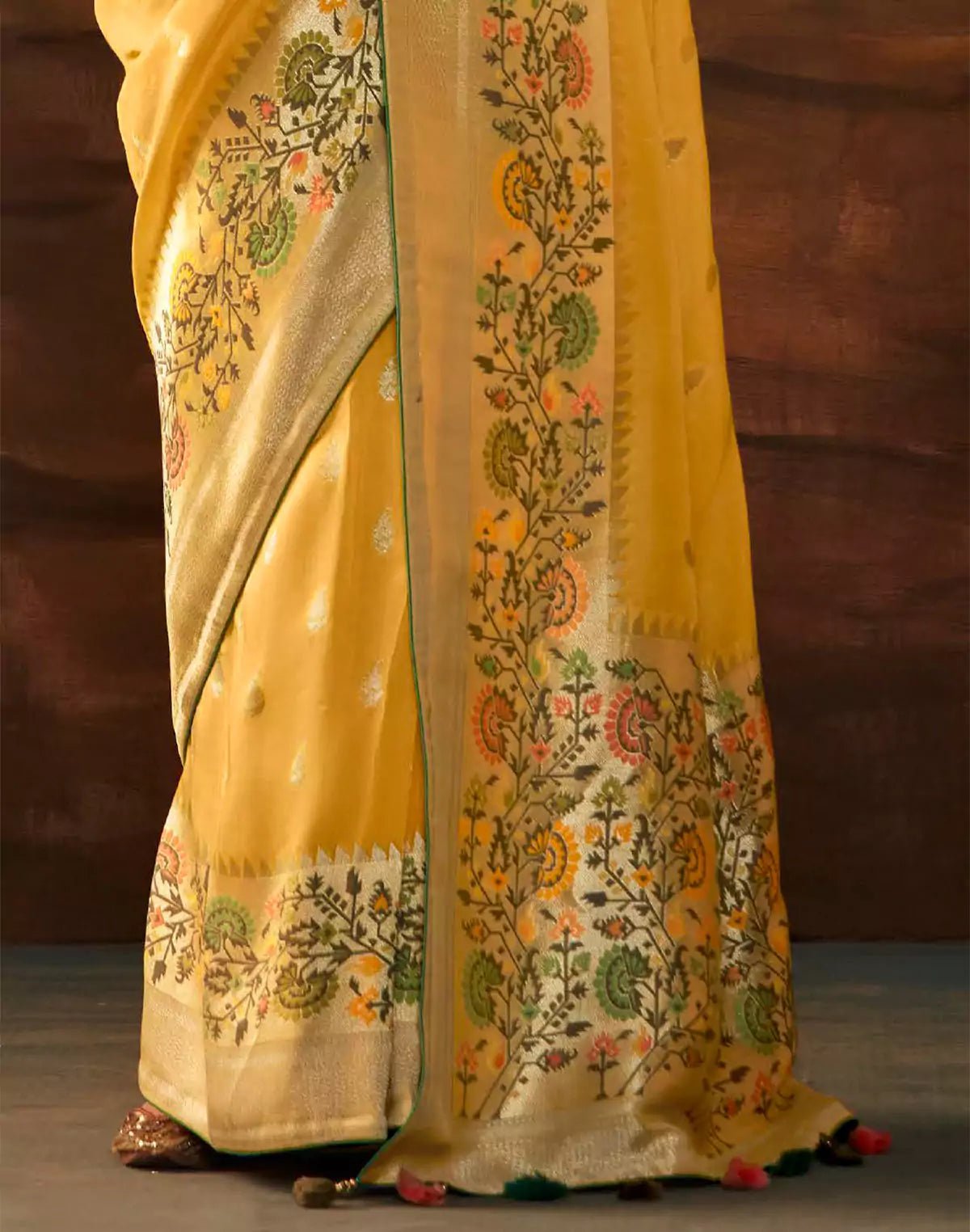 Image of Yellow Floral Paithani Banarasi Dola Silk Saree - South India Shopping Mall