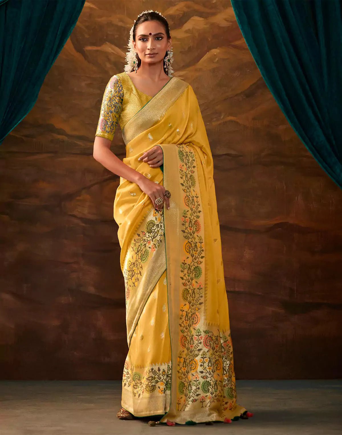 Image of Yellow Floral Paithani Banarasi Dola Silk Saree - South India Shopping Mall