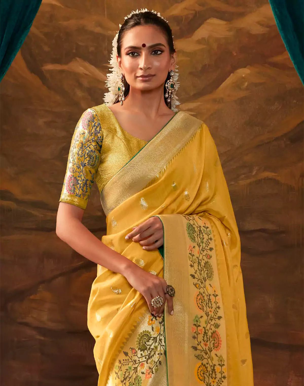 Image of Yellow Floral Paithani Banarasi Dola Silk Saree - South India Shopping Mall