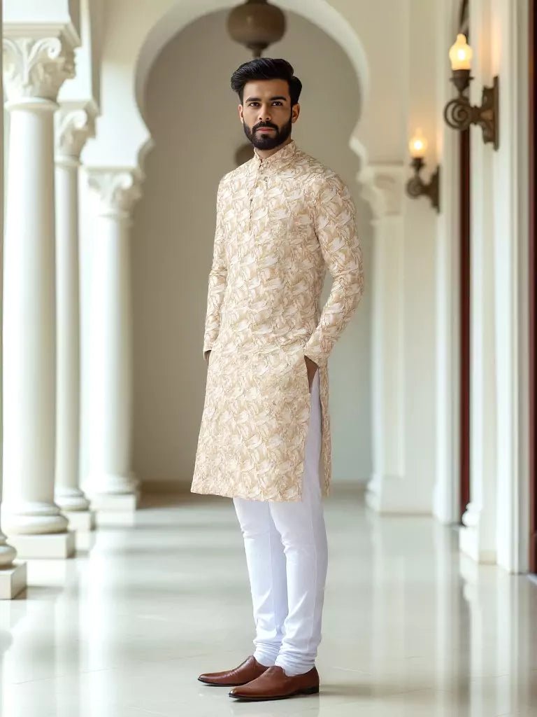 Image of Yellow Graphic Printed Cotton Kurta with Pajama for Men - South India Shopping Mall