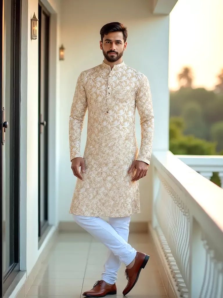 Image of Yellow Graphic Printed Cotton Kurta with Pajama for Men - South India Shopping Mall