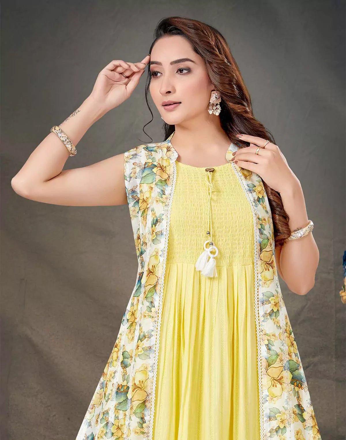 Image of Yellow Long Flared Kurti With Knee - length Shrug - South India Shopping Mall