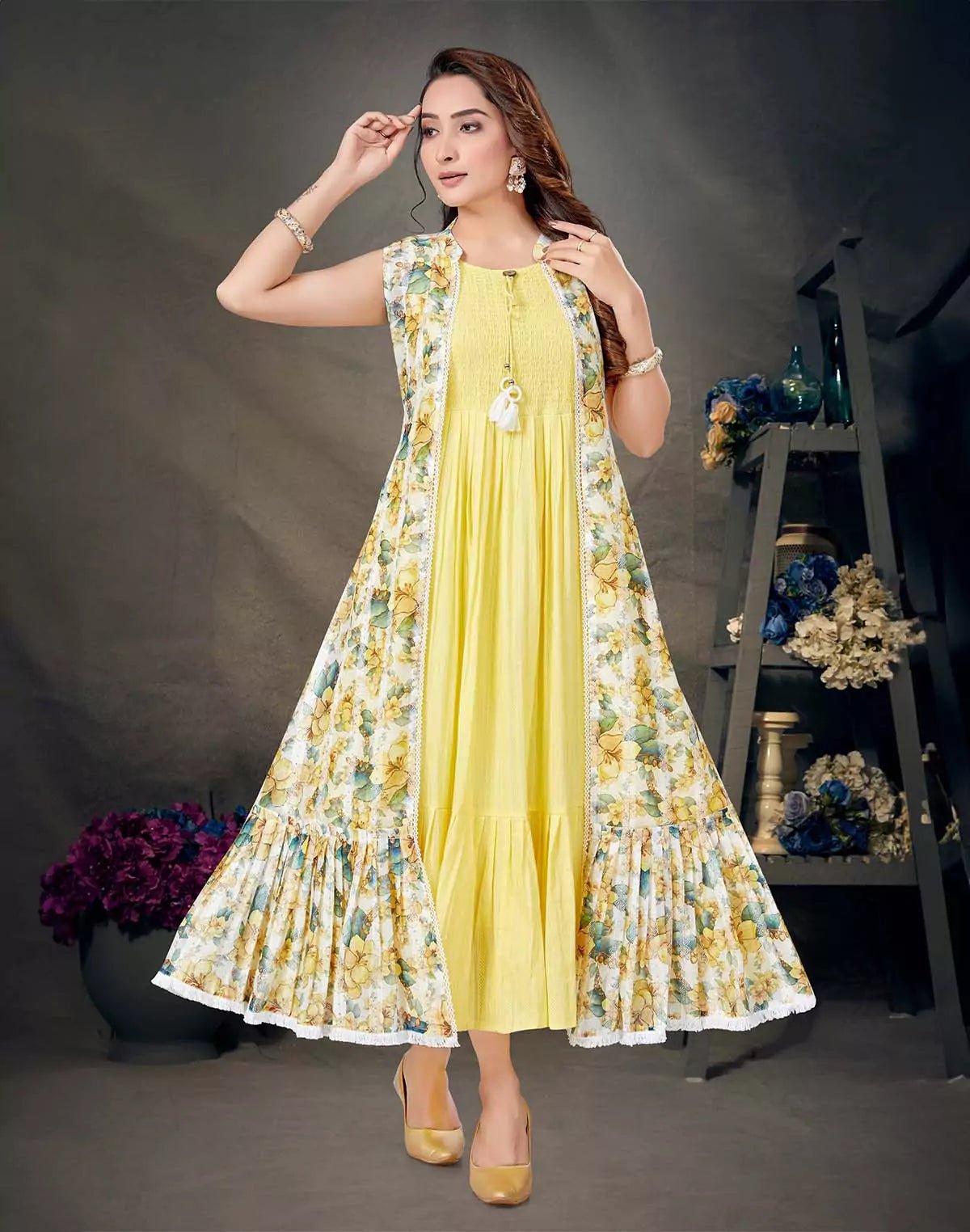 Yellow Long Flared Kurti With Knee - length Shrug - South India Shopping Mall