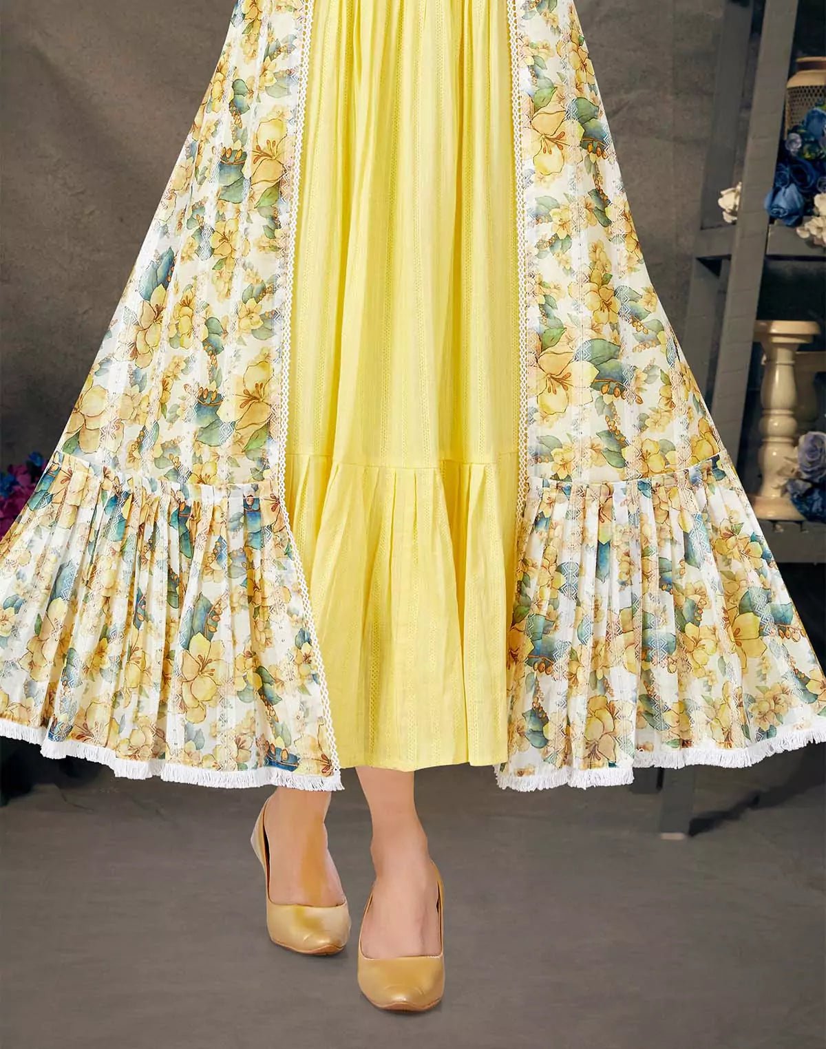 Image of Yellow Long Flared Kurti With Knee - length Shrug - South India Shopping Mall