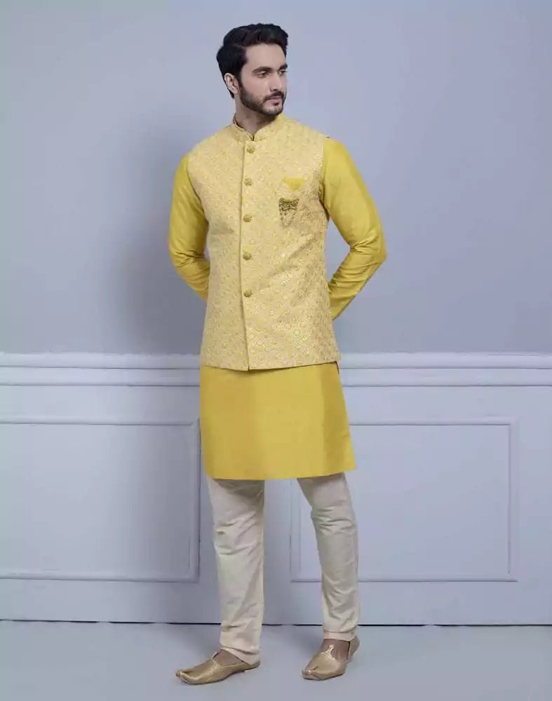 Image of Yellow Self Brocade Design With Soft Silk Kurta Jacket Set - South India Shopping Mall
