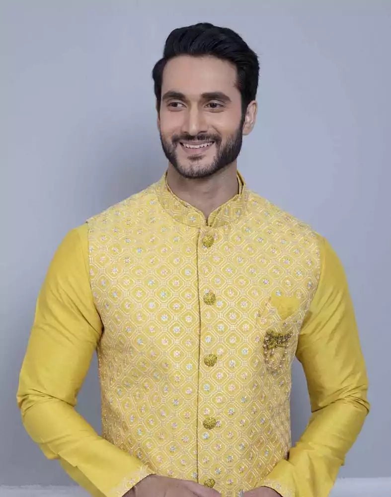 Image of Yellow Self Brocade Design With Soft Silk Kurta Jacket Set - South India Shopping Mall