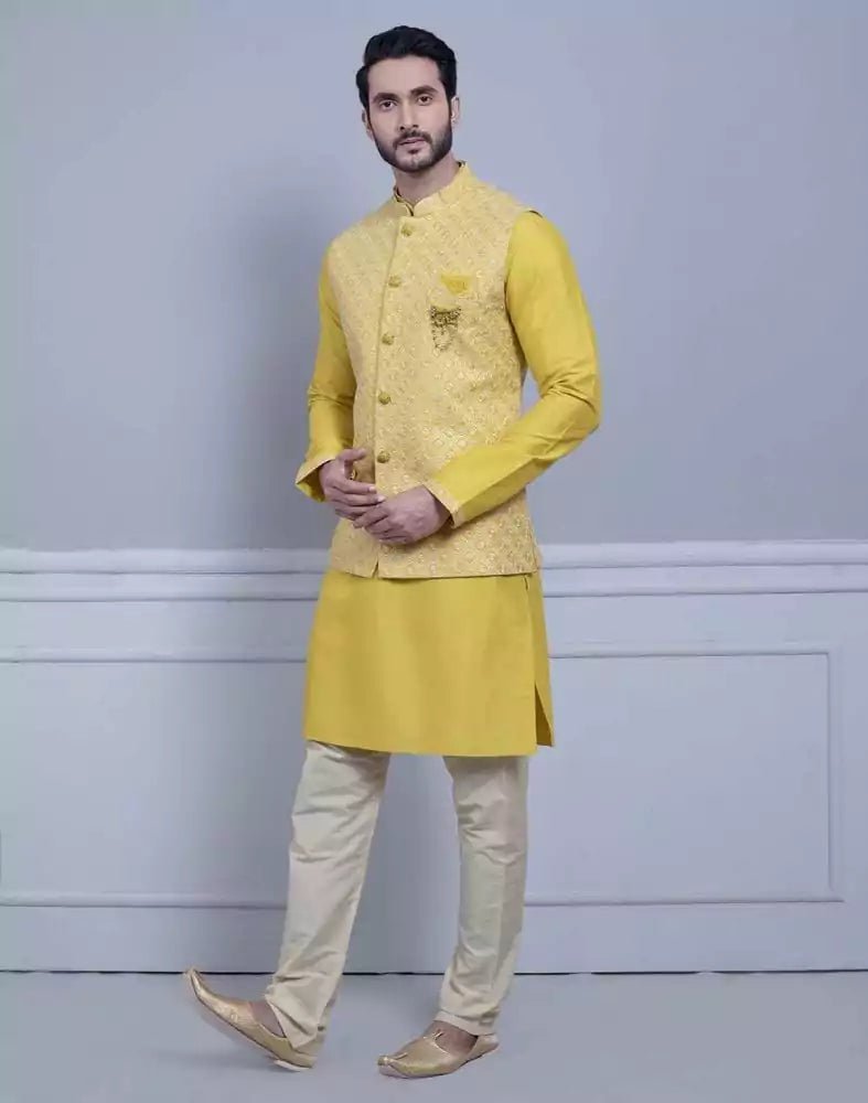 Image of Yellow Self Brocade Design With Soft Silk Kurta Jacket Set - South India Shopping Mall