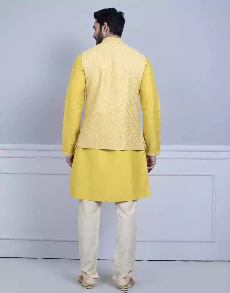 Image of Yellow Self Brocade Design With Soft Silk Kurta Jacket Set - South India Shopping Mall
