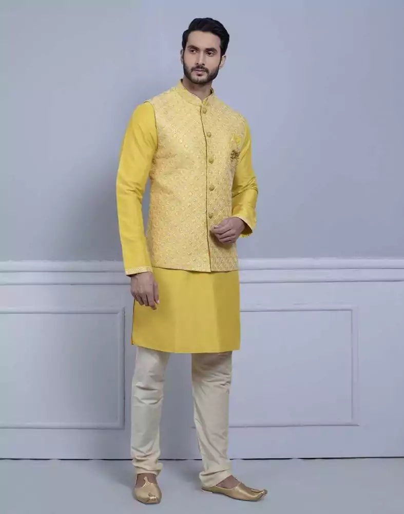 Image of Yellow Self Brocade Design With Soft Silk Kurta Jacket Set - South India Shopping Mall