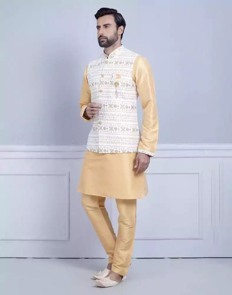 Image of Yellow Self Brocade With Printed Soft Silk Kurta Jacket Set - South India Shopping Mall