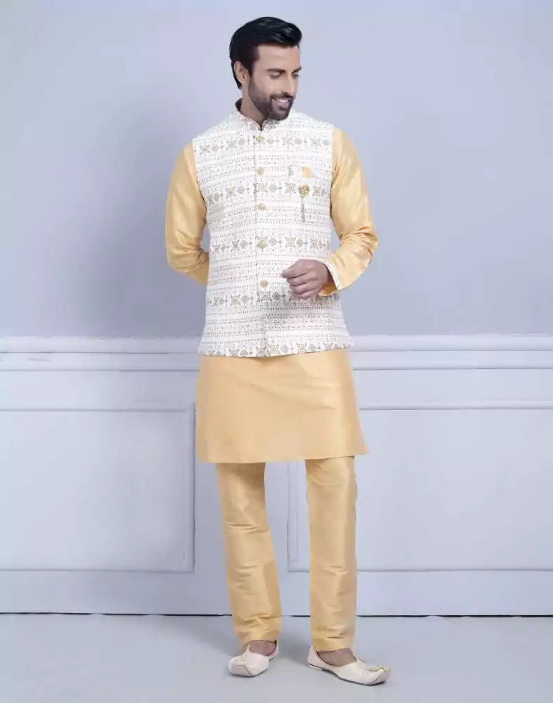 Image of Yellow Self Brocade With Printed Soft Silk Kurta Jacket Set - South India Shopping Mall