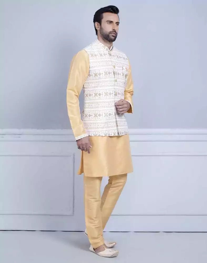Image of Yellow Self Brocade With Printed Soft Silk Kurta Jacket Set - South India Shopping Mall
