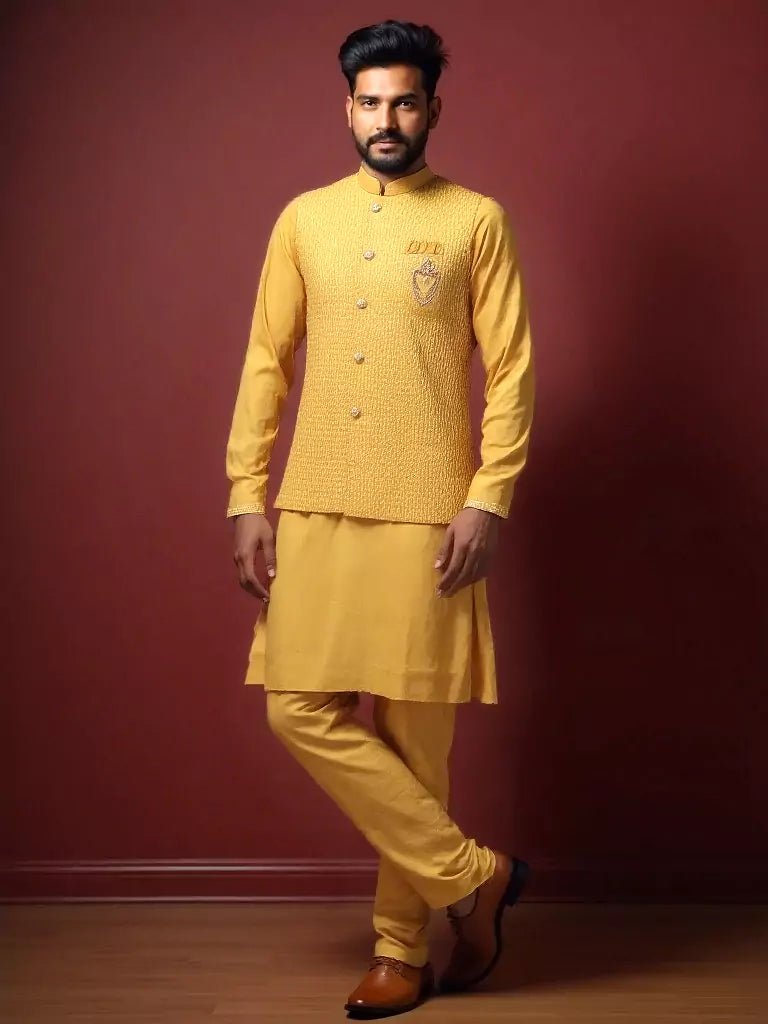Image of Yellow Self Design Milky Silk Thread Work Kurta Set - South India Shopping Mall