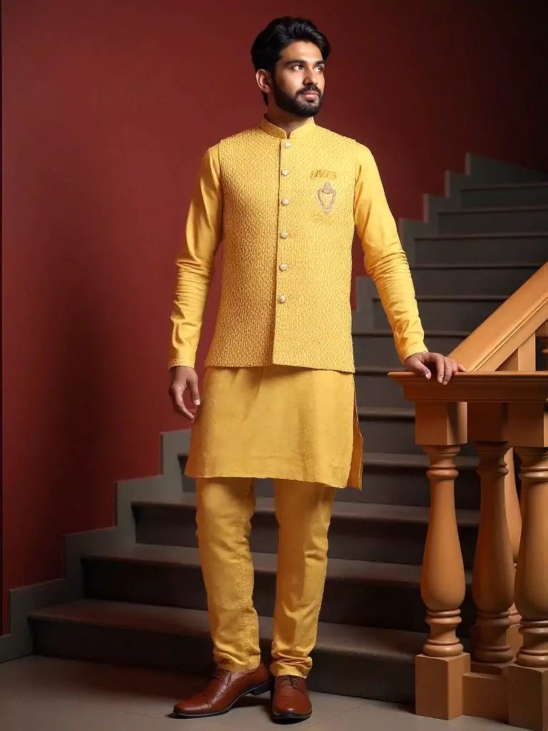 Image of Yellow Self Design Milky Silk Thread Work Kurta Set - South India Shopping Mall