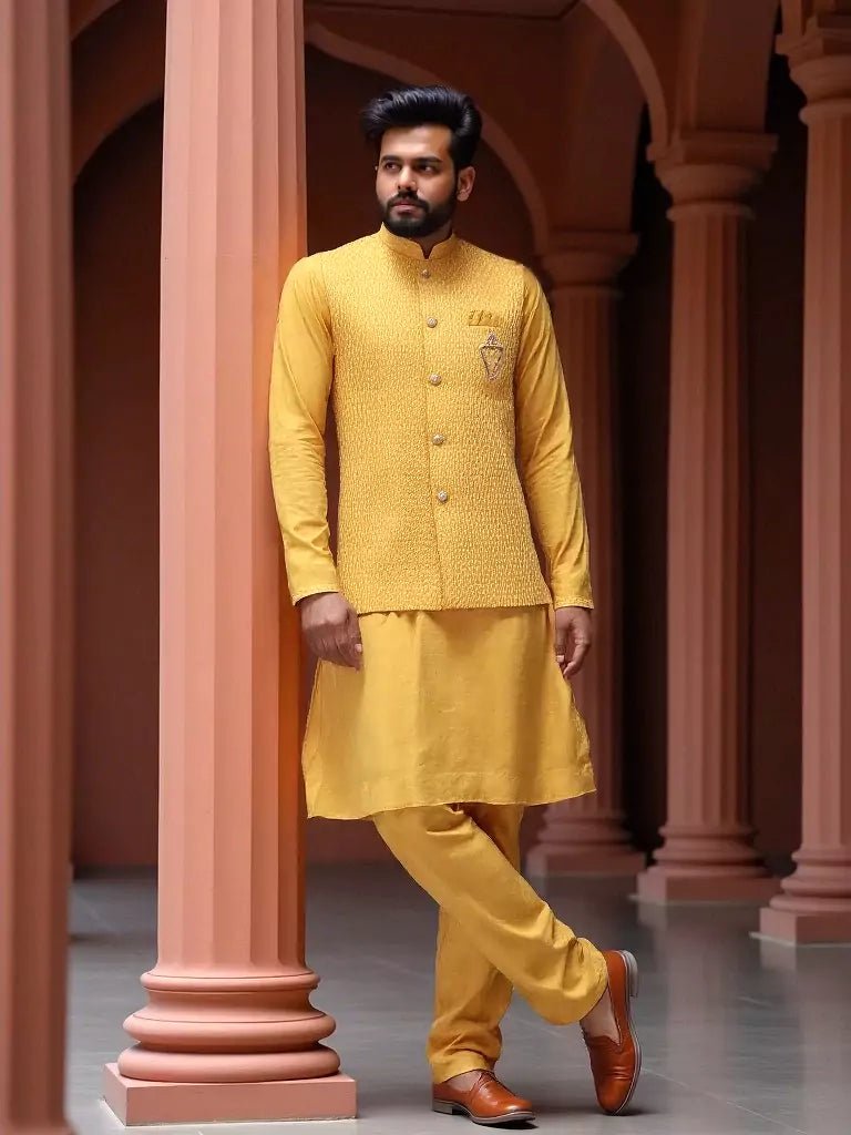 Image of Yellow Self Design Milky Silk Thread Work Kurta Set - South India Shopping Mall