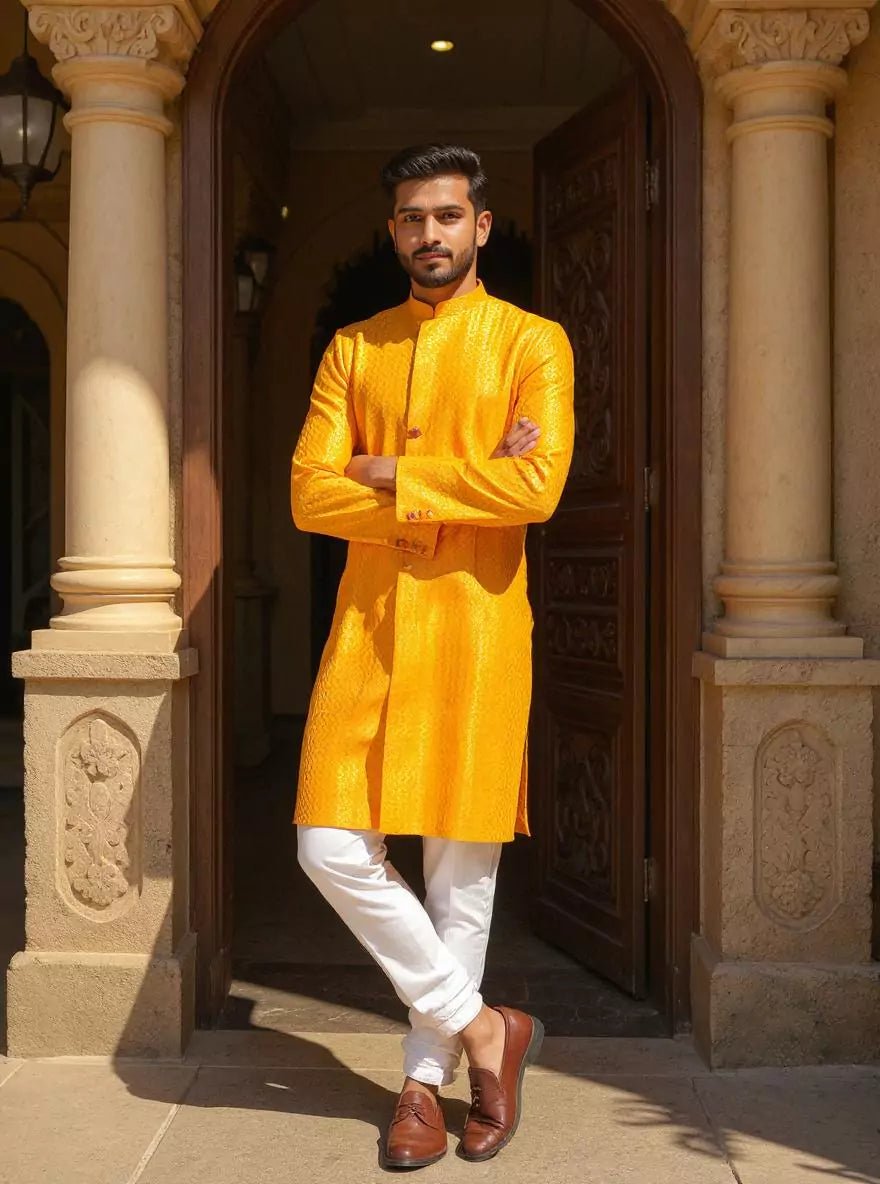 Image of Yellow Zig Zag Patterned Lucknowi Chikankari work Kurta Pyjama Set - South India Shopping Mall