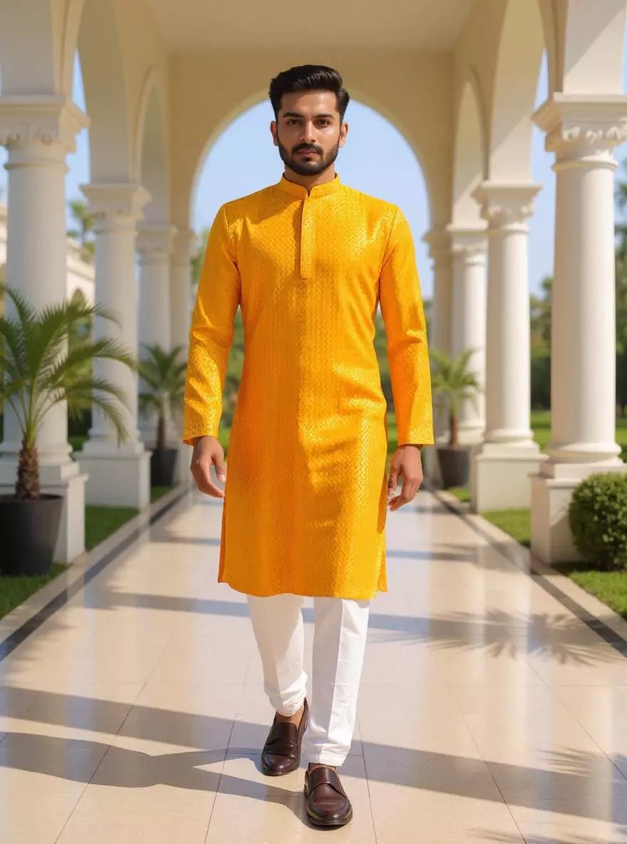 Image of Yellow Zig Zag Patterned Lucknowi Chikankari work Kurta Pyjama Set - South India Shopping Mall