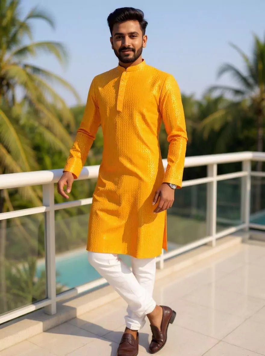 Image of Yellow Zig Zag Patterned Lucknowi Chikankari work Kurta Pyjama Set - South India Shopping Mall