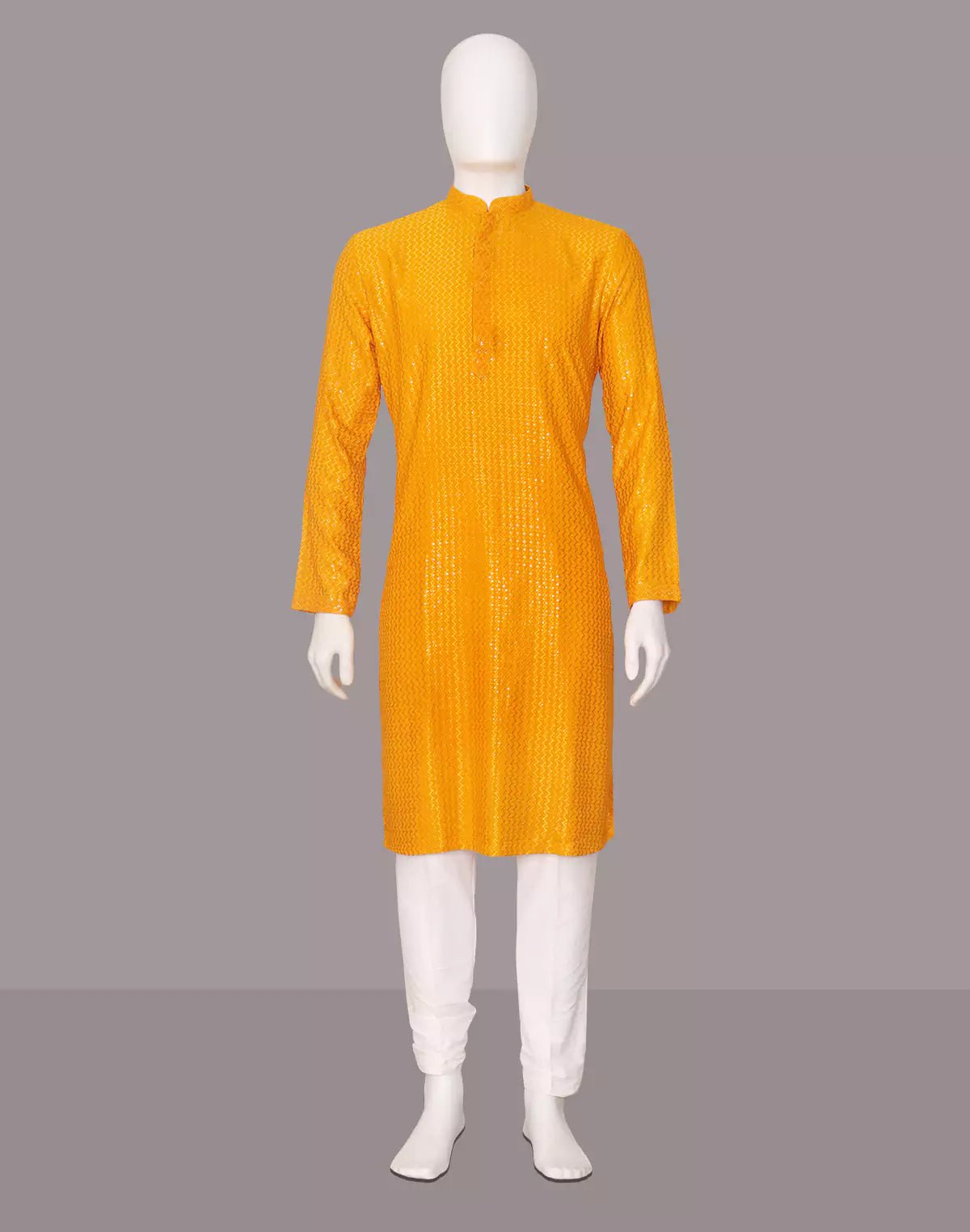 Image of Yellow Zig Zag Patterned Lucknowi Chikankari work Kurta Pyjama Set - South India Shopping Mall