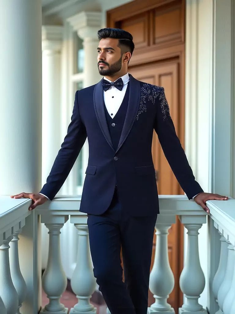 Image of Zardosi with Cutdana Navy Blue Polynosic Tuxido Suit - South India Shopping Mall