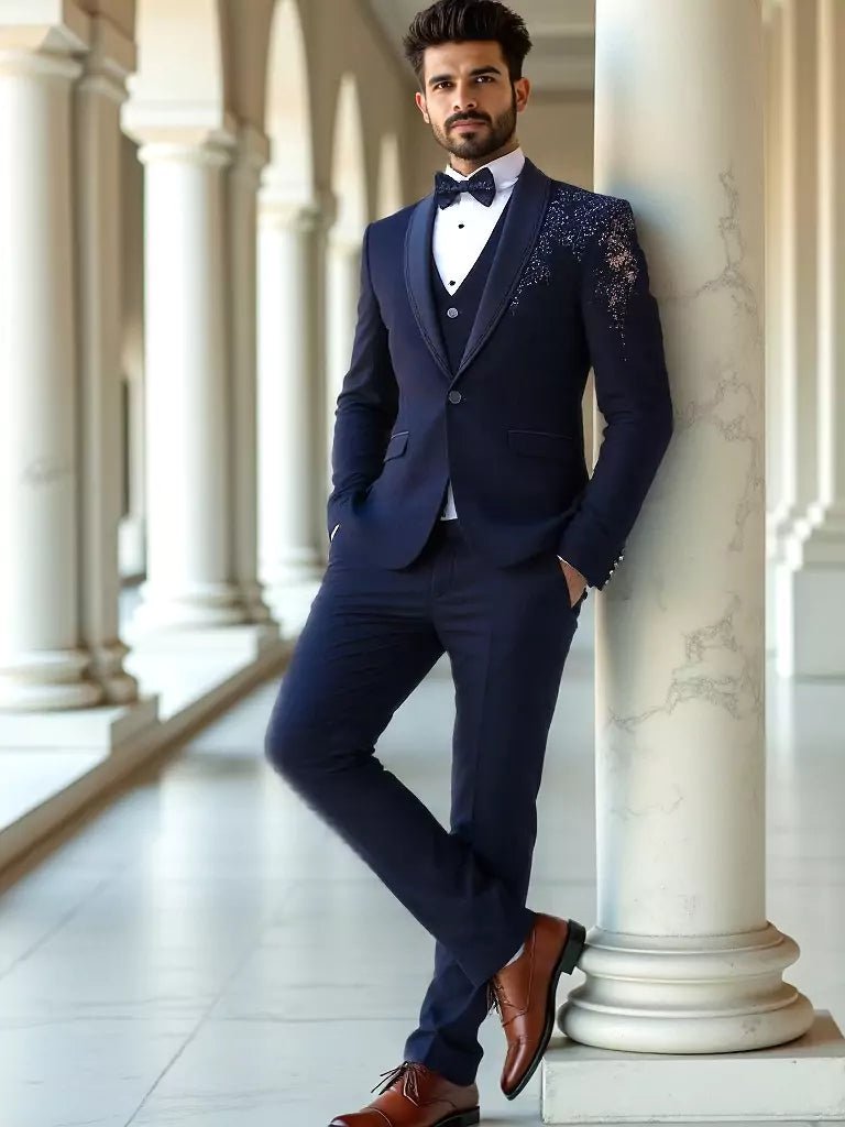 Image of Zardosi with Cutdana Navy Blue Polynosic Tuxido Suit - South India Shopping Mall