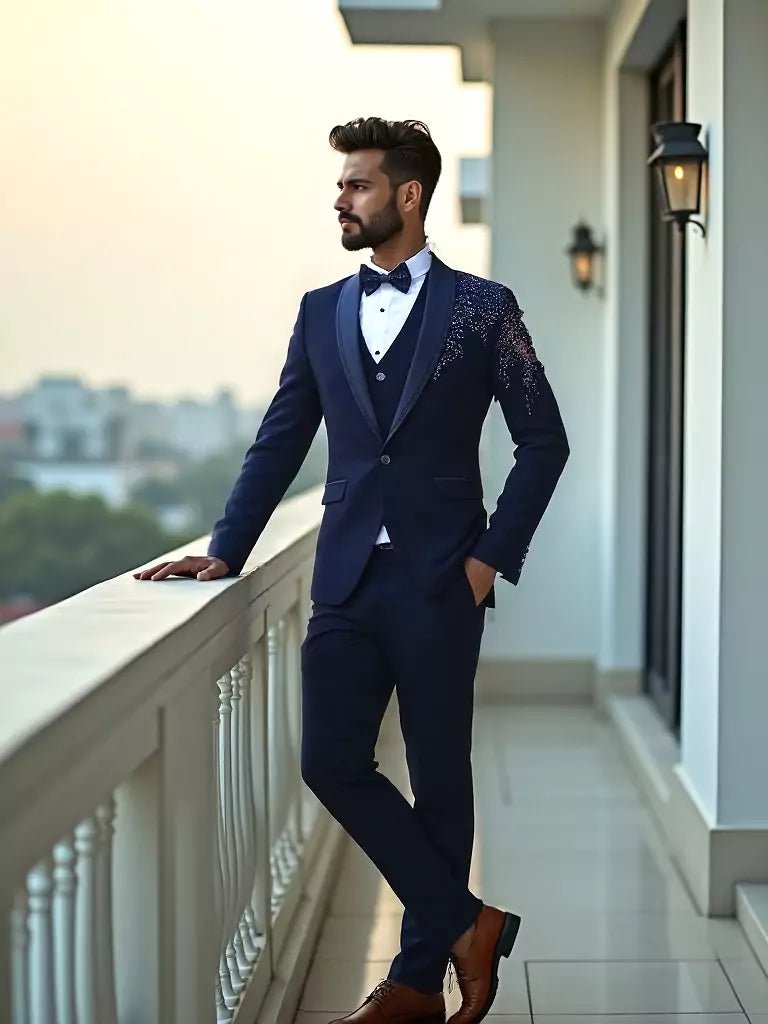 Image of Zardosi with Cutdana Navy Blue Polynosic Tuxido Suit - South India Shopping Mall