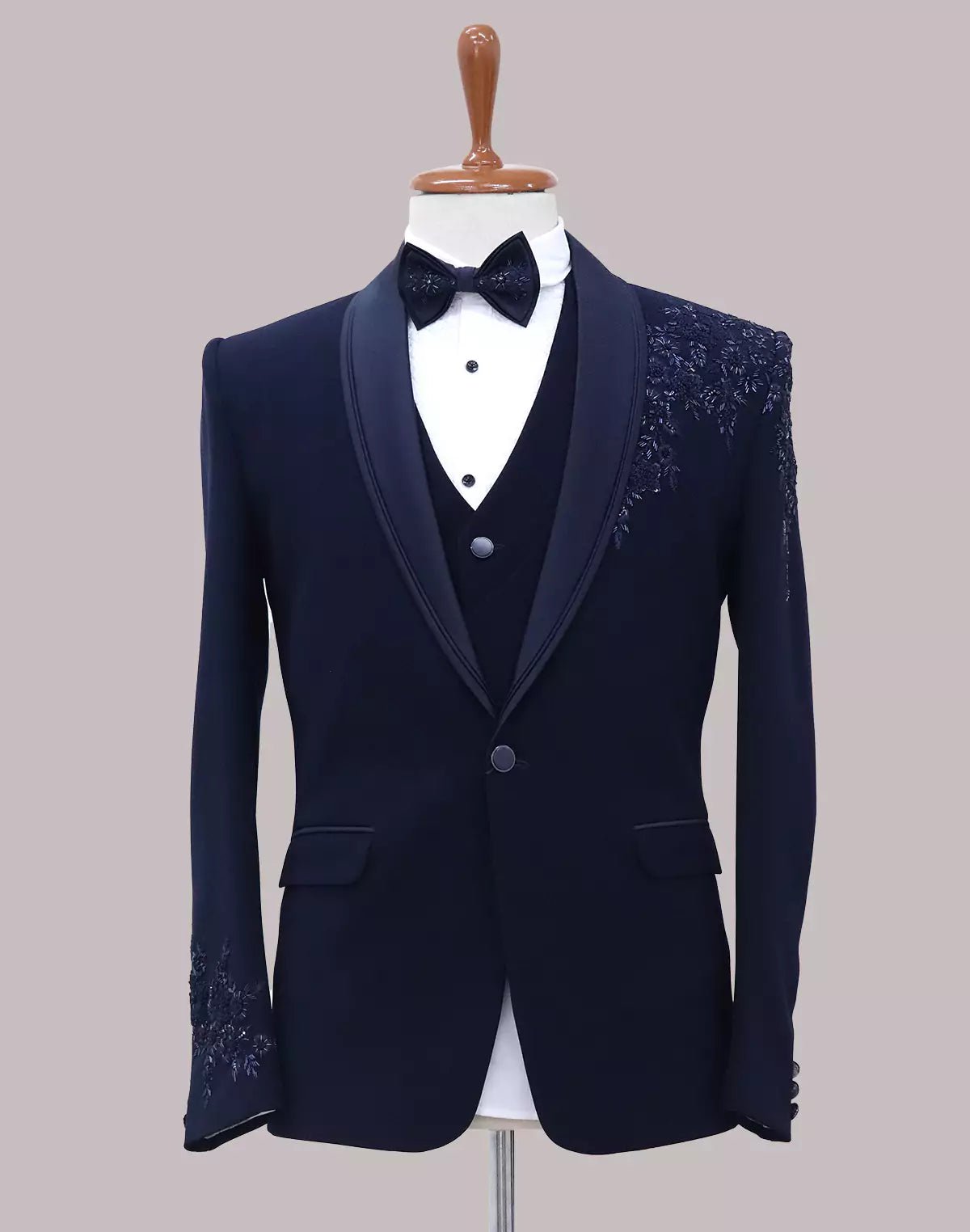 Image of Zardosi with Cutdana Navy Blue Polynosic Tuxido Suit - South India Shopping Mall