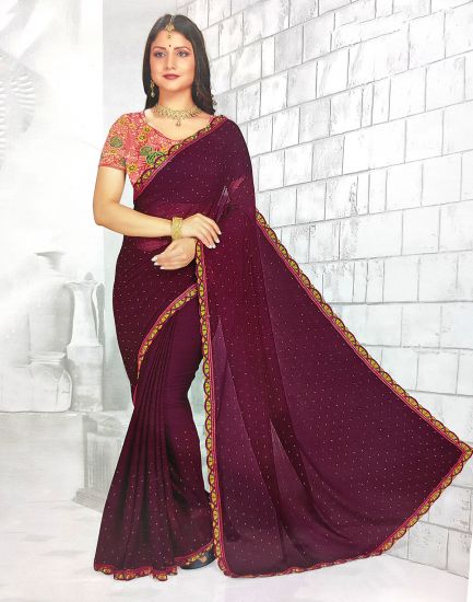 Buy Red Sequined Silk Party Wear Saree At Ethnic Plus