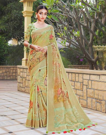 Bandhani Saree in green color body with zari border, pink blouse attached -  JLINE ARTS & CRAFTS